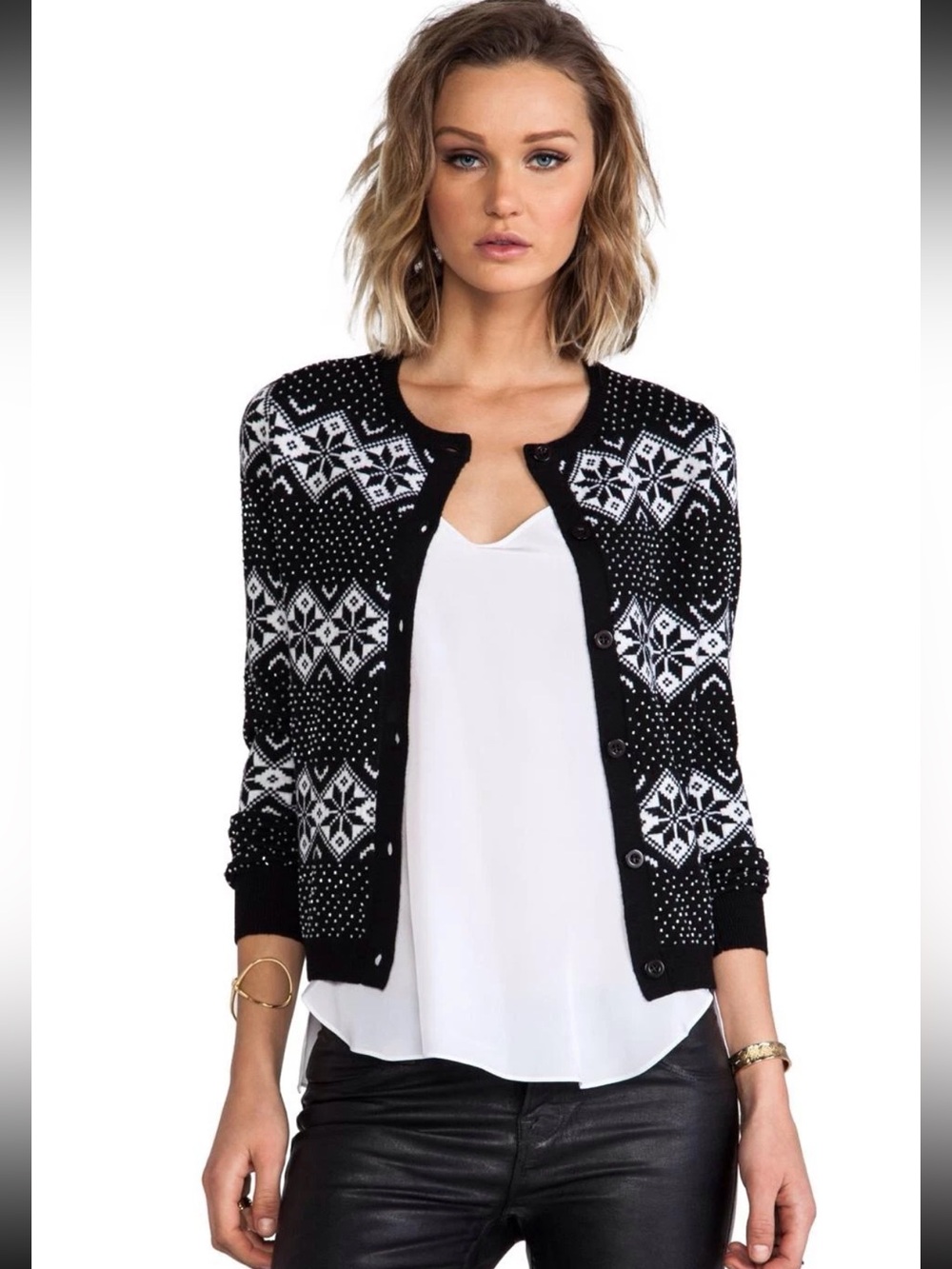 ALICE + OLIVIA SNOW JACQUARD AND BEADS CARDIGAN WOOL KNIT TOP SWEATER SIZE L - Picture 2 of 16